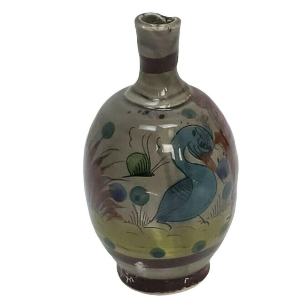 VTG 70s 80s Tonala Mexican Pottery Bud‎ Vase Hand Painted Bird Snail Jalisco